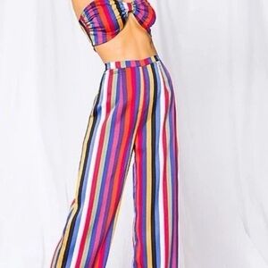 Super down Monty Strapless Pant Set In Rainbow Stripe Size L NWT